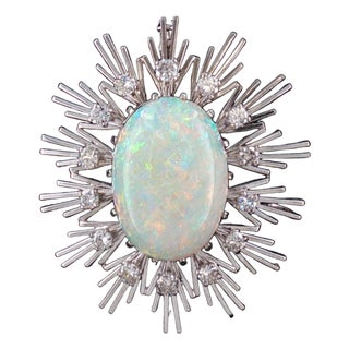 1960s 18 Karat White Gold 10 Carat Fine White Opal and Diamond Pin/ Pendant For Sale