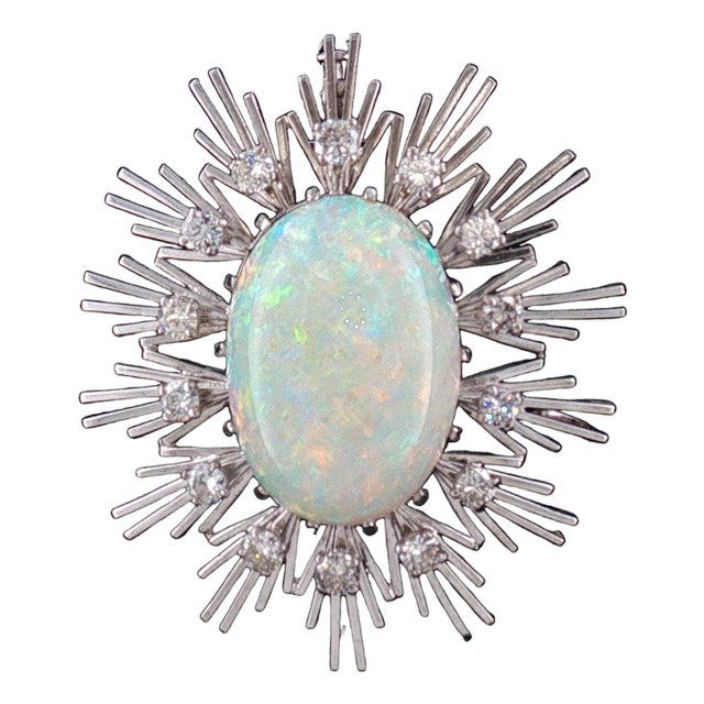 1960s 18 Karat White Gold 10 Carat Fine White Opal and Diamond Pin/ Pendant For Sale