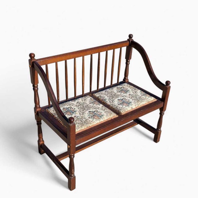Wood Vintage Spindle Back Wood Settee With Floral Cushions For Sale - Image 7 of 16