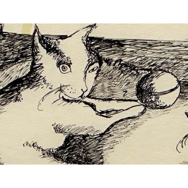 Wood "Playful Pets" Satirical Ink Drawing of Three Cats For Sale - Image 7 of 7