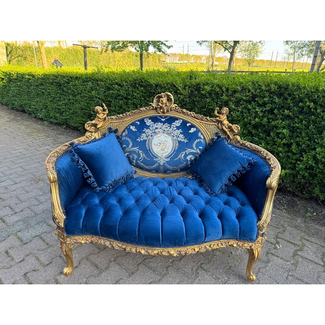 1940 French Louis XVI Gold Beech Blue Velvet Settee For Sale - Image 18 of 18