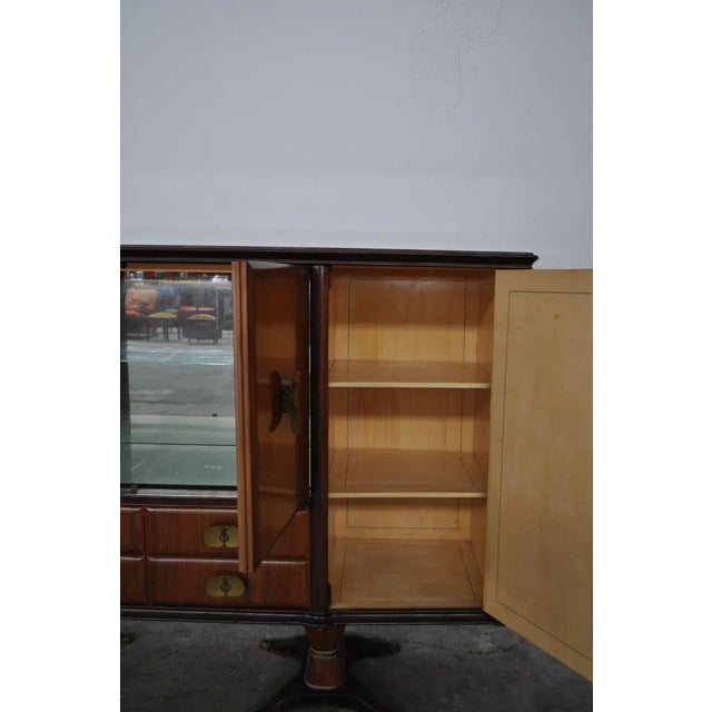 Mahogany Pear Tree, Brass & Glass Top Drawers Sideboard with Allegorical Drawings & Internal Lightning from F.lli Rigamonti Desio, Milano, 1940s For Sale - Image 6 of 14