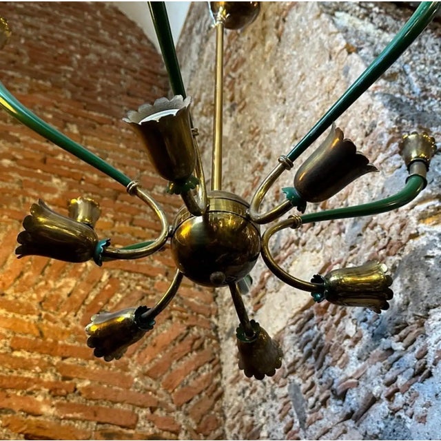 Mid-Century Modern 1960s Mid-Century Modern Green Painted Metal and Brass Italian Chandelier For Sale - Image 3 of 9