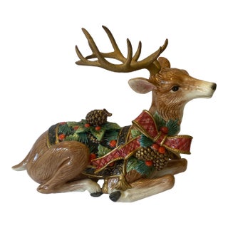 1990s Fitz and Floyd Holiday Pine Resting Reindeer Candle Holder Retired For Sale