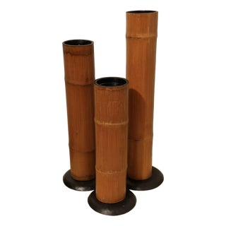 Vintage Large Bamboo & Metal Candle Holders - Set of 3 For Sale