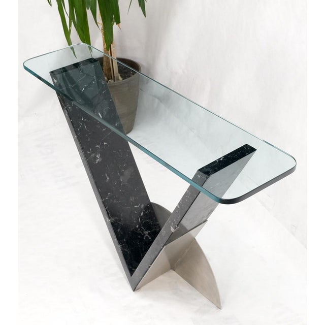 Late 20th Century V Shape Marble Base Thick Glass Top Modern Custom Design Console Table For Sale - Image 6 of 12
