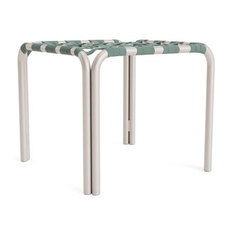 Brown Jordan Kantan Aluminum Stacking Stool/Occasional Table in Shade with Spa Suncloth Strapping For Sale