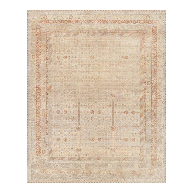 Rug & Kilim’s Modern Block Print Rug in Beige with Geometric-Floral Patterns - 4x6 For Sale