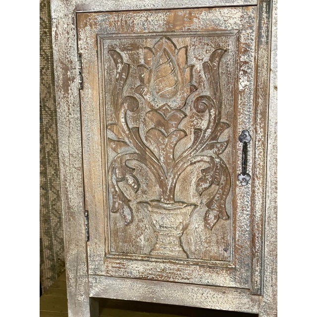 Pair Painted & Distressed Carved Cabinets with Shelf For Sale - Image 6 of 13