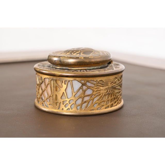 Art Deco Tiffany Studios New York Pine Needle Bronze Doré and Slag Glass Inkwell For Sale - Image 3 of 12