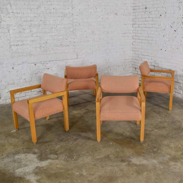 Modern Square Frame Oak Armchairs With Original Blush Textured Fabric, Set of Four For Sale - Image 6 of 13