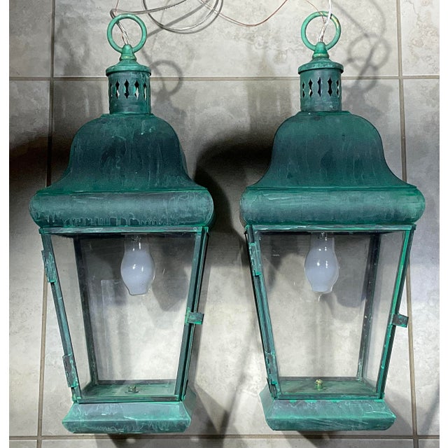 Pair of Vintage Solid Brass Hanging Lanterns. 20”.5 H X 8”.5w X 8”.5 W For Sale - Image 4 of 17