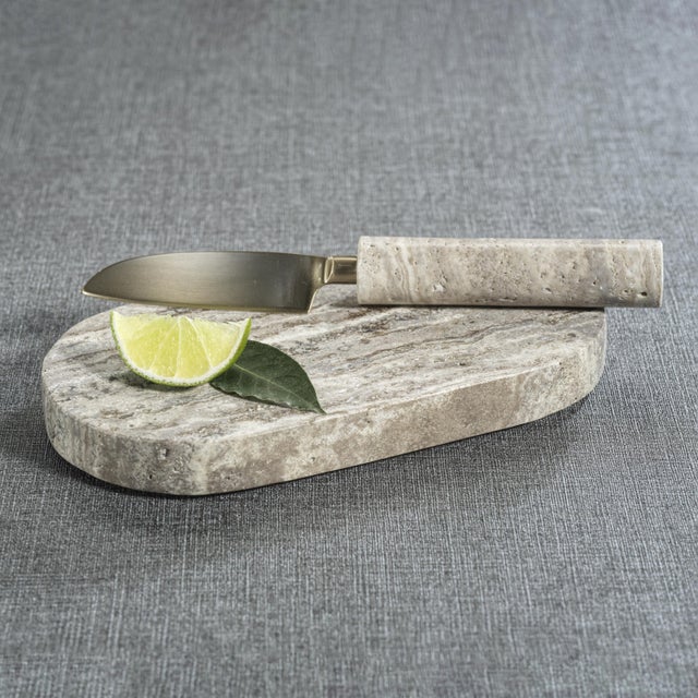 Contemporary Albora Marble Cutting Board with Knife, Beige Travertine For Sale - Image 3 of 6
