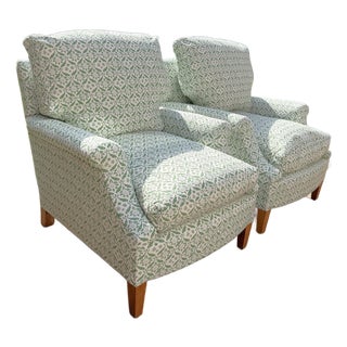 A Pair of Howard & Sons Green and White Lounge Chairs With Custom Tan Slipcovers For Sale