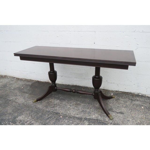 Wood Early 1900s Carved Inlay Long Console Library Dining Extension Table For Sale - Image 7 of 12