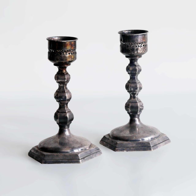 Metal Mid Century Gorham English Style Candlestick Holders - A Pair For Sale - Image 7 of 7