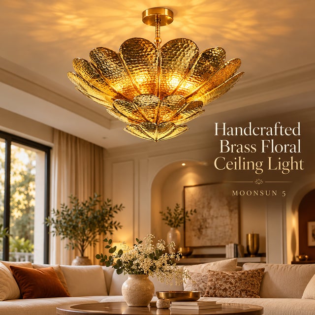 Handmade Brass Flower Ceiling Light, 3 Tier Hammered Floral Chandelier, Art Deco Lotus Semi Flush Mount, Luxury Brass Ceiling Fixture 28 Inches For Sale - Image 11 of 15