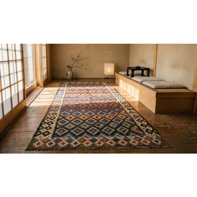 1930s Multicolor Diamond Tribal Antique Kilim n.w. Persian Rug 4'6" X 11'6" Flat Weave Wool Carpet For Sale In New York - Image 6 of 8