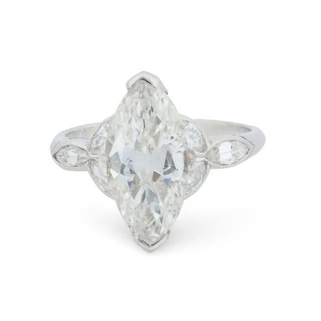 Art Deco 1930s Art Deco Gia 2.17 Carat Old Marquise Cut Diamond Platinum Engagement Ring, Size 3.75 For Sale - Image 3 of 7
