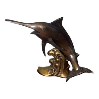 Vintage Brass Marlin Swordfish Sculpture on Wave Base Nautical Coastal Decor For Sale