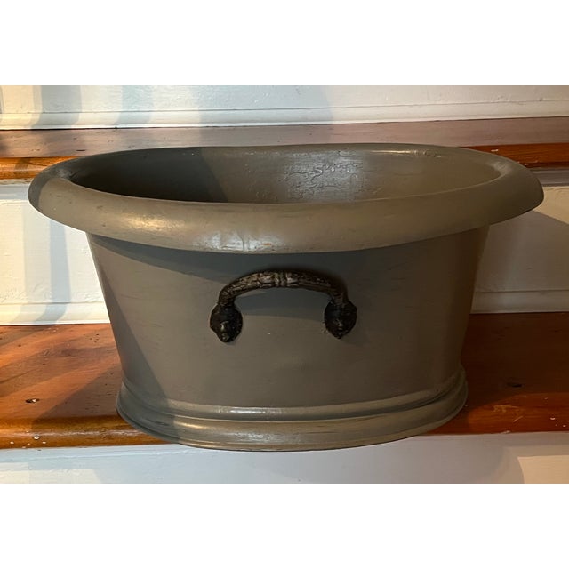 Antique 19th Century French Second Empire Tole Gray Painted Oval Jardiniere Cachepot Planter With Mask Handles For Sale - Image 12 of 18