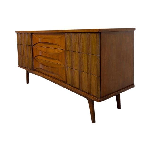 Mid-Century Modern Vintage Mid Century Modern Solid Walnut 9- Drawer Dresser’ With Bent Wood Handles & Brutalist Accents. For Sale - Image 3 of 8