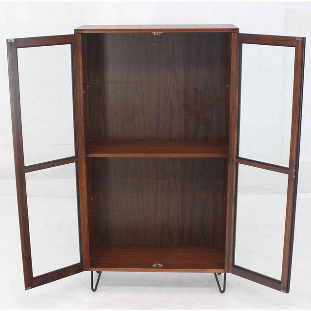 MidCentury Modern Tall Oiled Walnut Two Doors Beveled Glass Bookcase