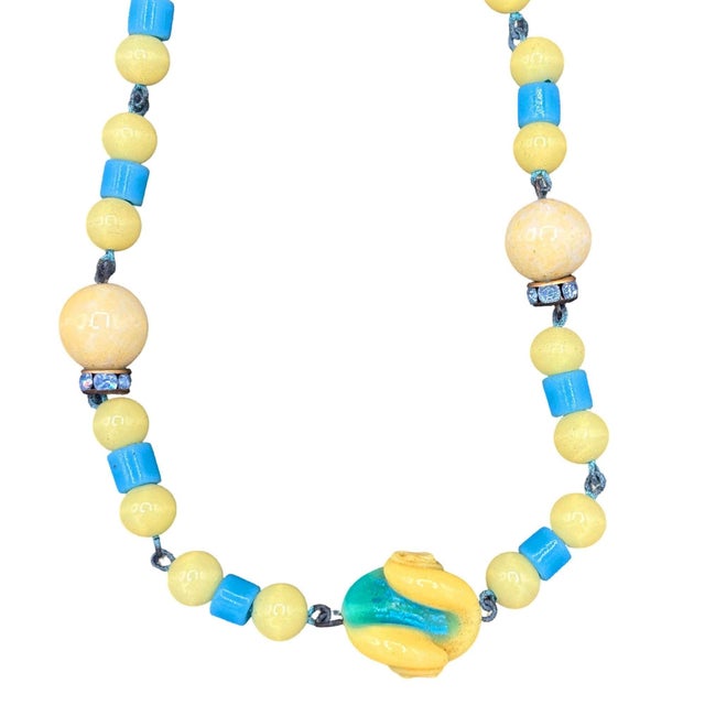 Art Deco 1930s Czechoslovakian Art Deco Yellow White & Blue Bohemian Art Glass Bead Necklace For Sale - Image 3 of 6