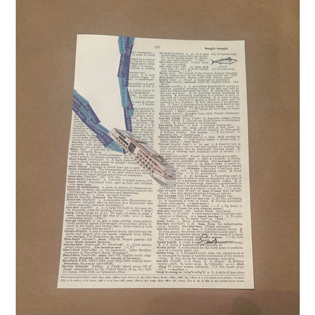 A charming original mixed-media collage created on an authentic vintage dictionary page. Layers of torn and painted paper...