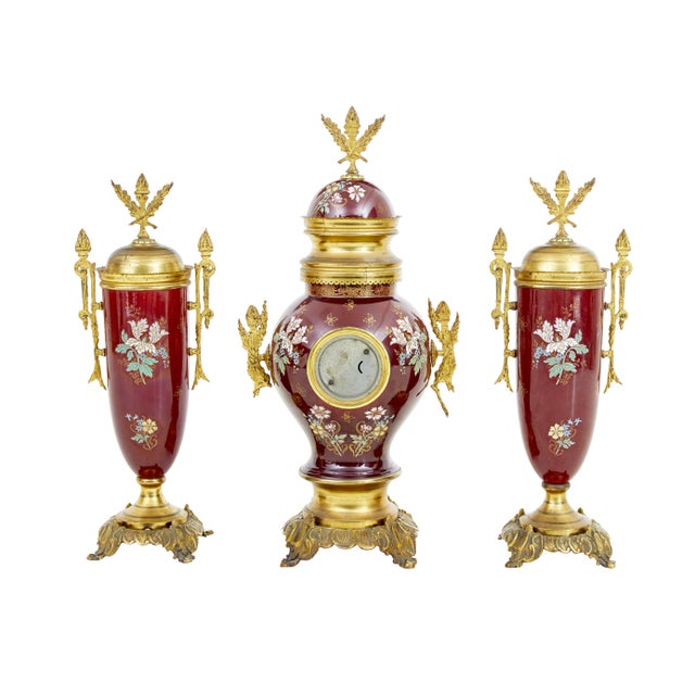 19th century french decorative toleware garniture set, circa 1880. fine example of a 3 piece garniture set, hand painted...