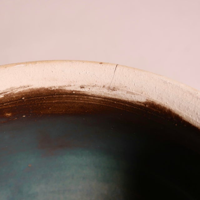 Vintage Signed Wabi Sabi Studio Pottery Stoneware Bowl With Sculptural Handles in a Earthy Brown & Green Glaze For Sale - Image 10 of 10