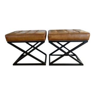Pottery Barn Kirkham Tufted Leather Ottomans - a Pair For Sale