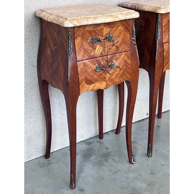 Antique Louis XV French Marquetry Marble Top Nightstands, Set of 2 For Sale - Image 4 of 11