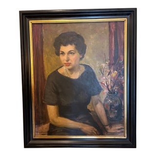 Vintage Portrait Painting of a Woman With Flowers by Harold C Walcott. For Sale
