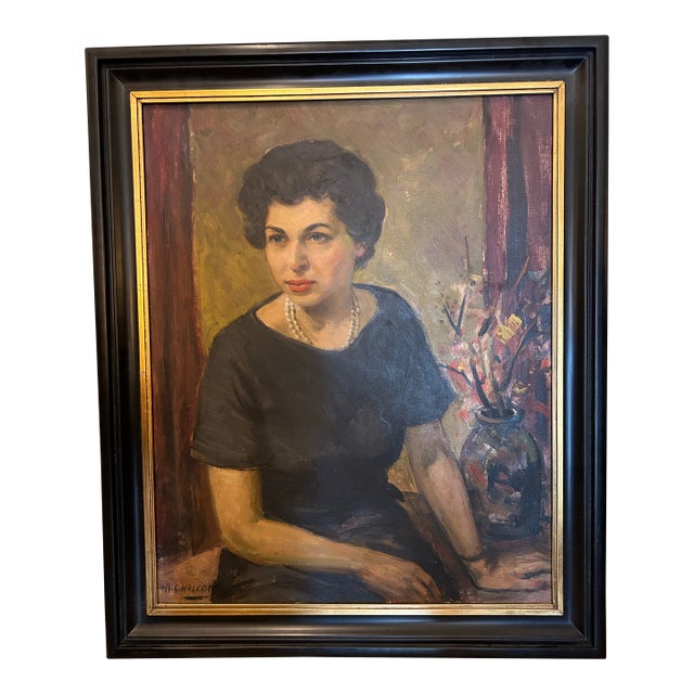 Vintage Portrait Painting of a Woman With Flowers by Harold C Walcott. For Sale