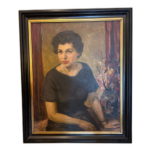 Vintage Portrait Painting of a Woman With Flowers by Harold C Walcott.