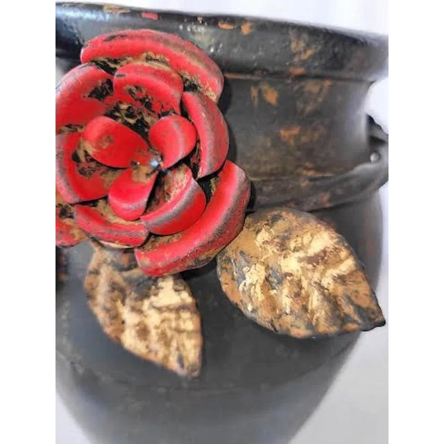 Vintage Rustic Metal Vase With Metal Painted Flowers For Sale In Palm Springs - Image 6 of 10