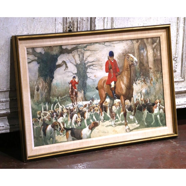 A lively celebration of traditional English sporting life, this handsome antique watercolor captures a mounted fox hunt...