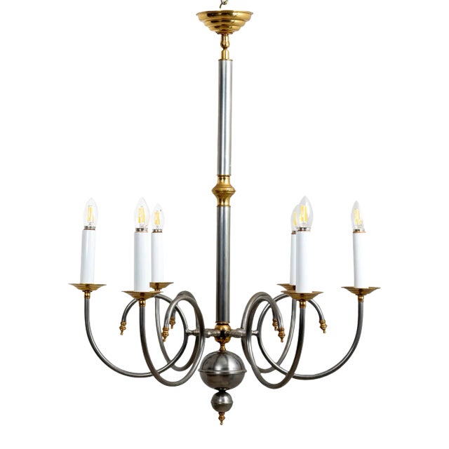 Vintage Large Steel and Brass Six Arm Chandelier For Sale