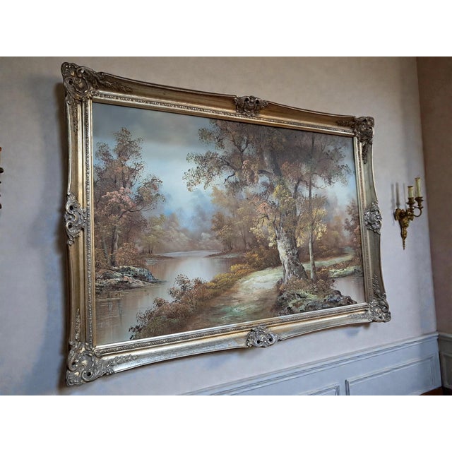 Large autumn woodland & river oil painting by irene cafieri (framed, signed, 1984) this exceptional large oil painting...