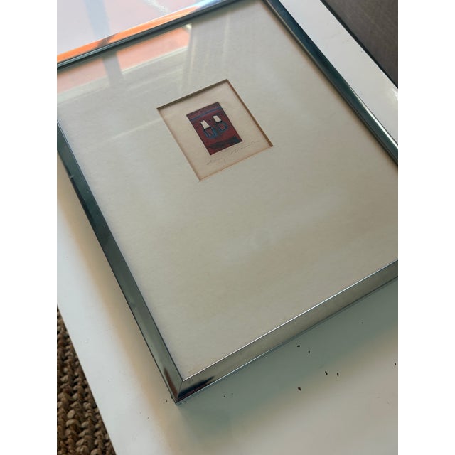 Vintage Signed Abstract Etching in Red & Blue Original Modernist Print For Sale - Image 4 of 5