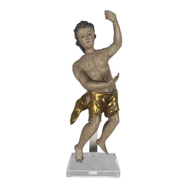 19th Century Polychrome Giltwood Putti Sculpture, Distressed Finish For Sale