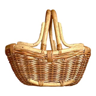 Hand‑Woven Rattan Double‑Handle Basket With White‑Wash Patina For Sale