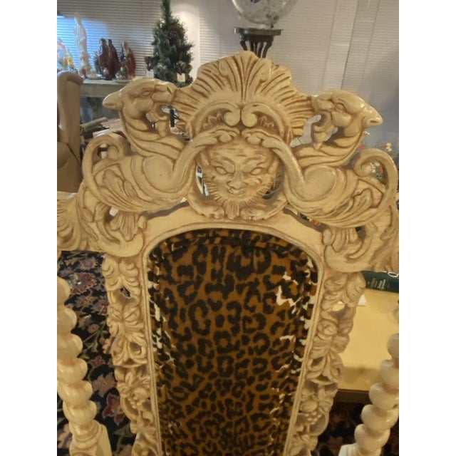 Interesting And Substantial Pair Of Elaborate Gothic Carved Armchairs White Washed Wood Decorated With Lion Head Arms And...