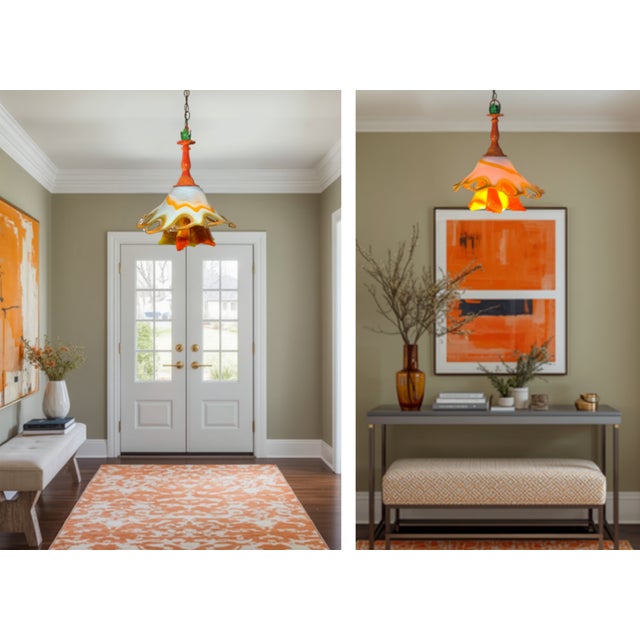 Murano Art Glass Looped Abstract Orange White Pendant Light For Sale - Image 14 of 18