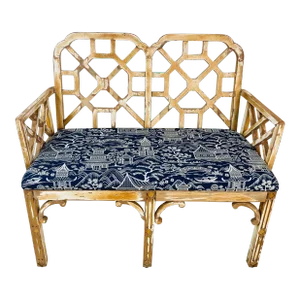 Vintage Coastal Chinoiserie Chippendale Bench