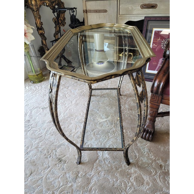 Hollywood Regency Brass, Glass and Wrought Iron Butler Tray Table For Sale - Image 4 of 9