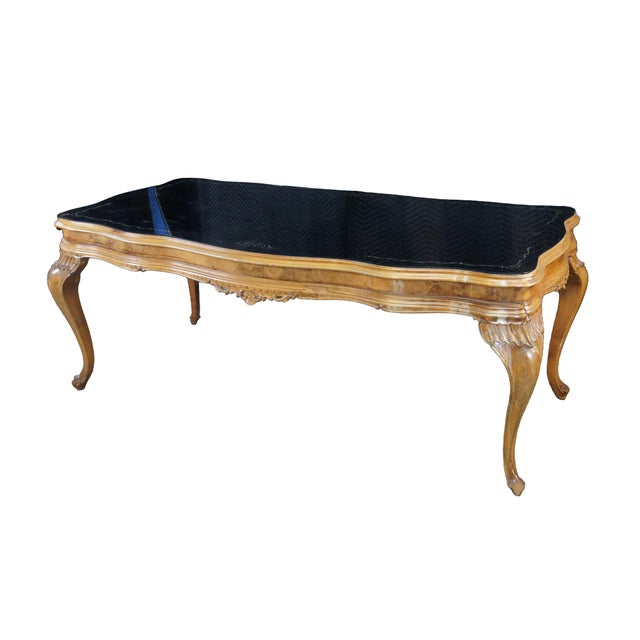 Rococo Antique Italian Baroque Venetian Walnut Burl Black Top Glass Dining Table Desk For Sale - Image 3 of 18