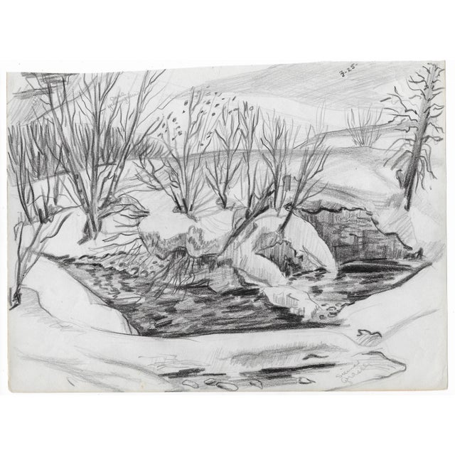 1950s MCM drawing of a snowy landscape with a stream running through. Unsigned.