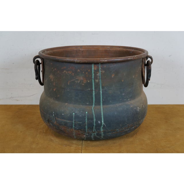 Antique Hammered Copper Cauldron Cook Pot Kettle With Iron Handles For Sale - Image 4 of 12
